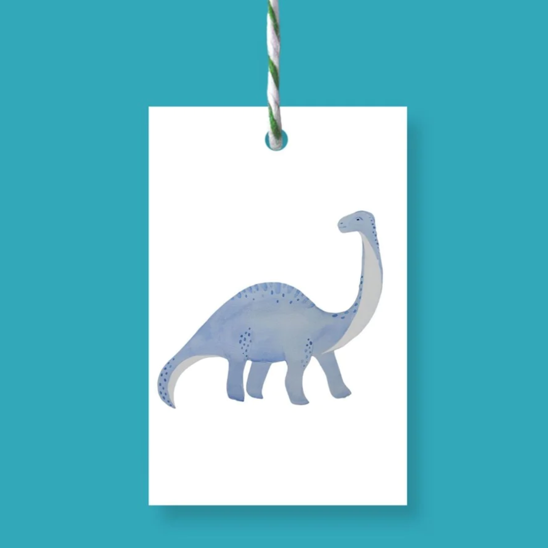 Watercolor illustration of a light blue apatosaurus on a white gift tag.