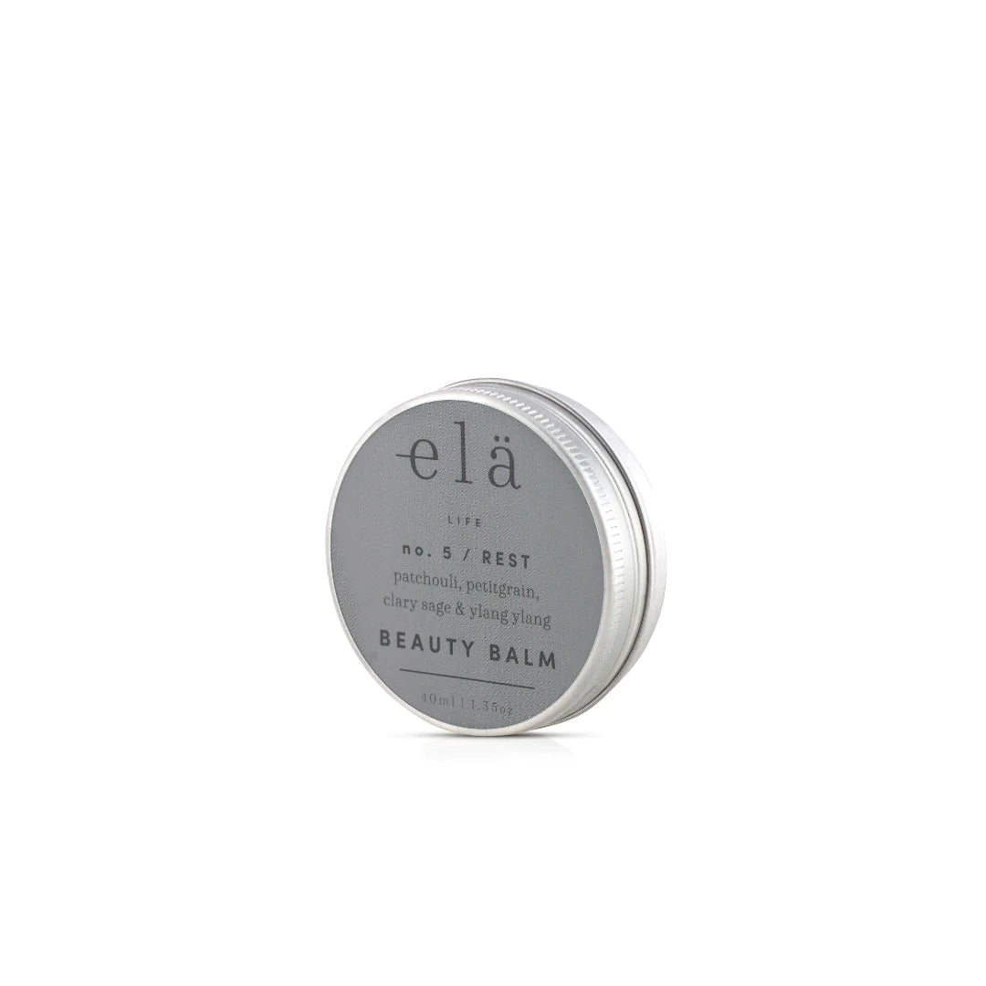 elä Life No. 5 Rest Beauty Balm in a silver tin.  Contains patchouli, petitgrain, clary sage & ylang ylang. 40ml.