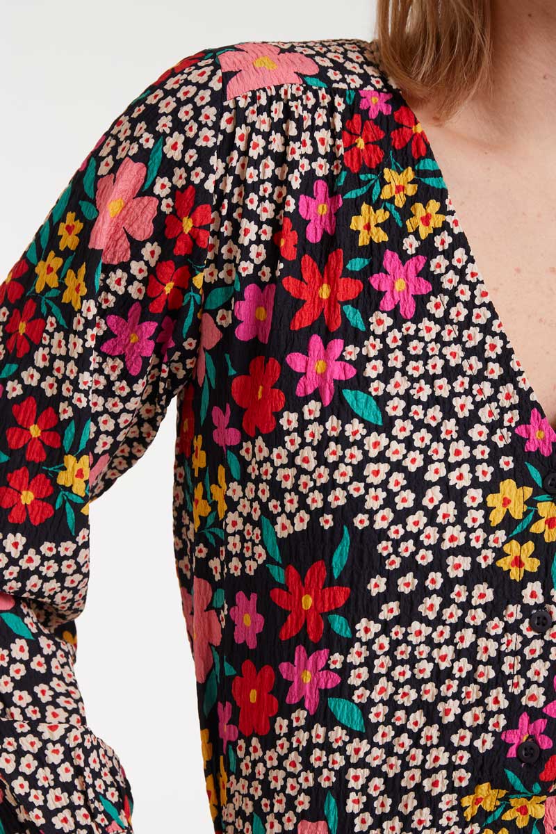 Floral patterned garment with colorful flowers on a black background