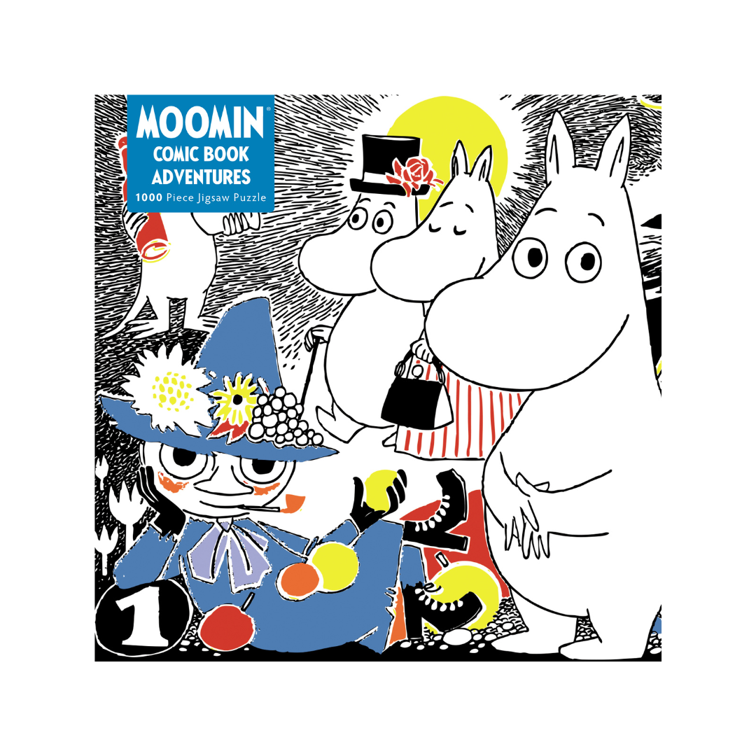 1000-piece Moomin Comic Book Adventures jigsaw puzzle featuring Moomin characters in a colorful, stylized illustration.