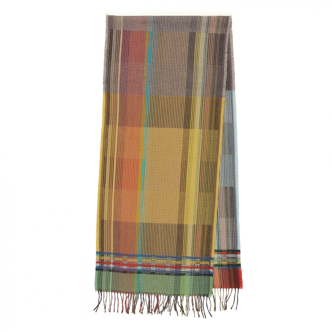 Rectangular multicolored woven scarf with a plaid pattern in shades of yellow, orange, brown, teal, and gray; features a