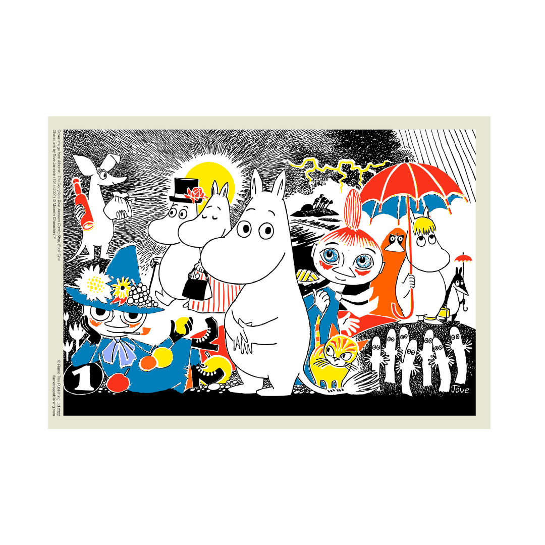 Colorful illustration featuring Moomin characters, including Moominmamma, Moominpappa, Little My, and Sniff, in a whimsical