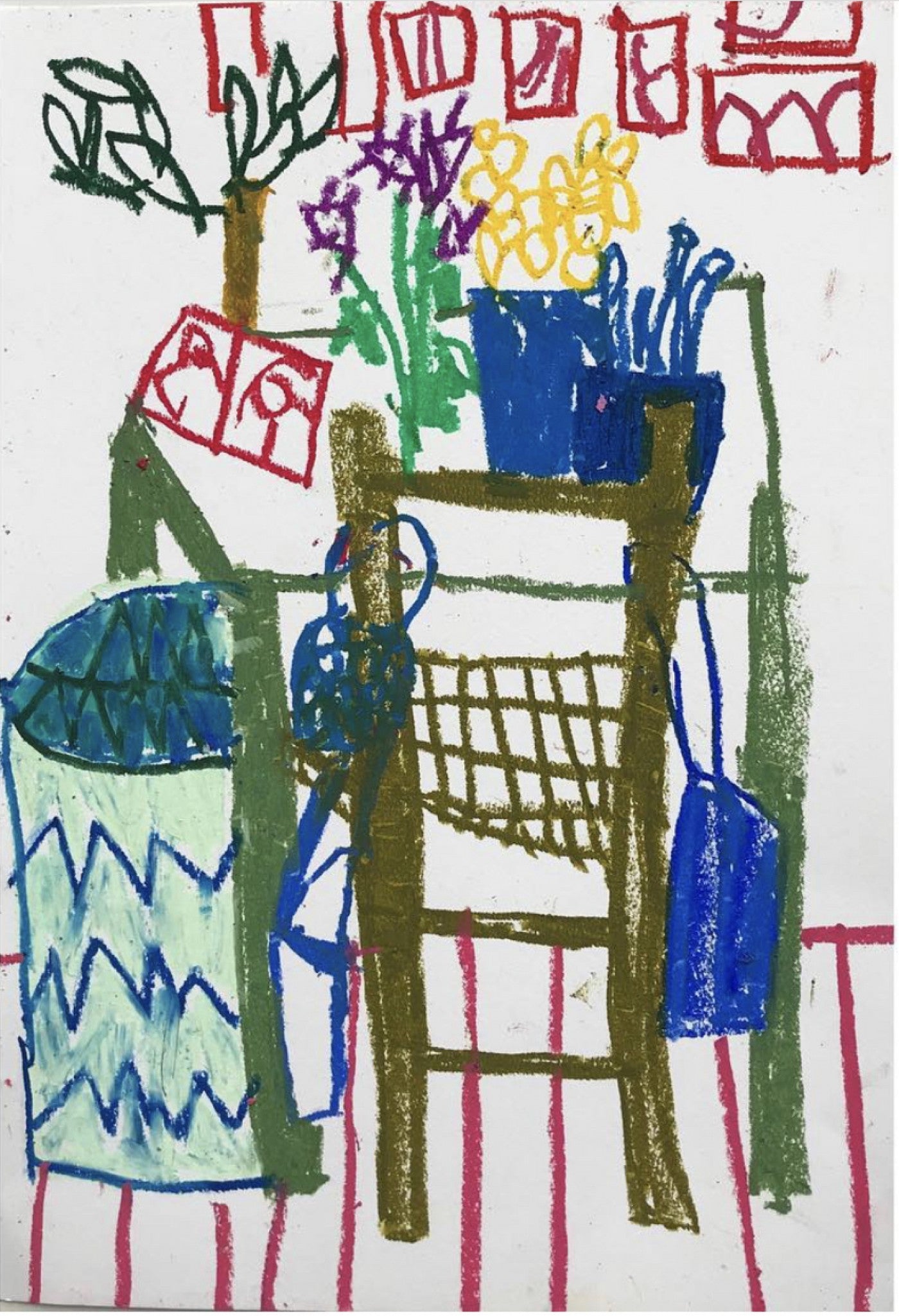 Child's crayon drawing of a table holding flowers in a blue pot, a plant, and other objects; a zig-zag patterned container
