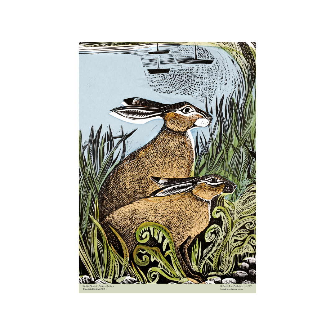 Linocut print depicting two hares in tall grass, with a distant sailing ship subtly visible in the background.
