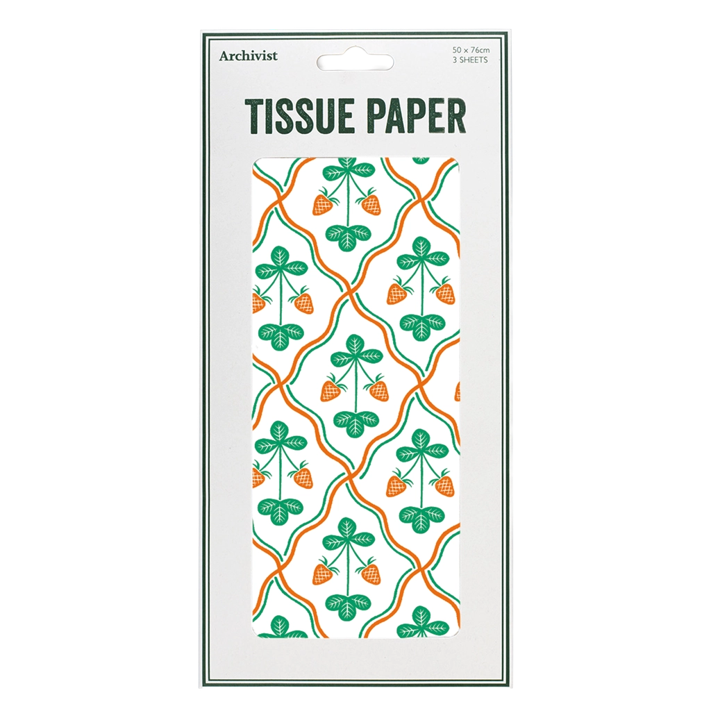 Packaging of Archivist tissue paper with a shamrock and strawberry pattern on a white background.