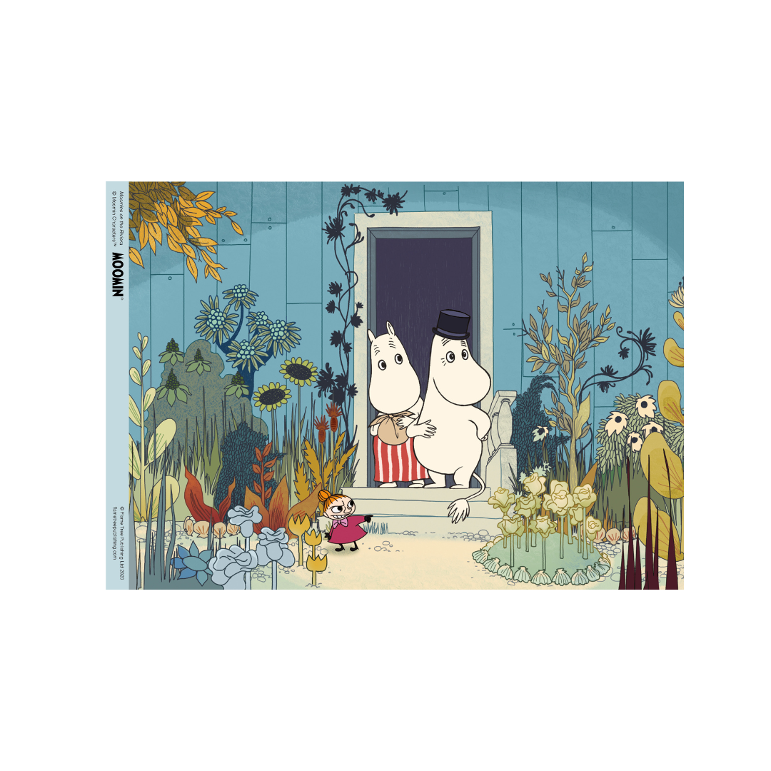 Moomin characters, Moominpappa wearing a top hat and Moominmamma, standing on a doorstep in a garden.