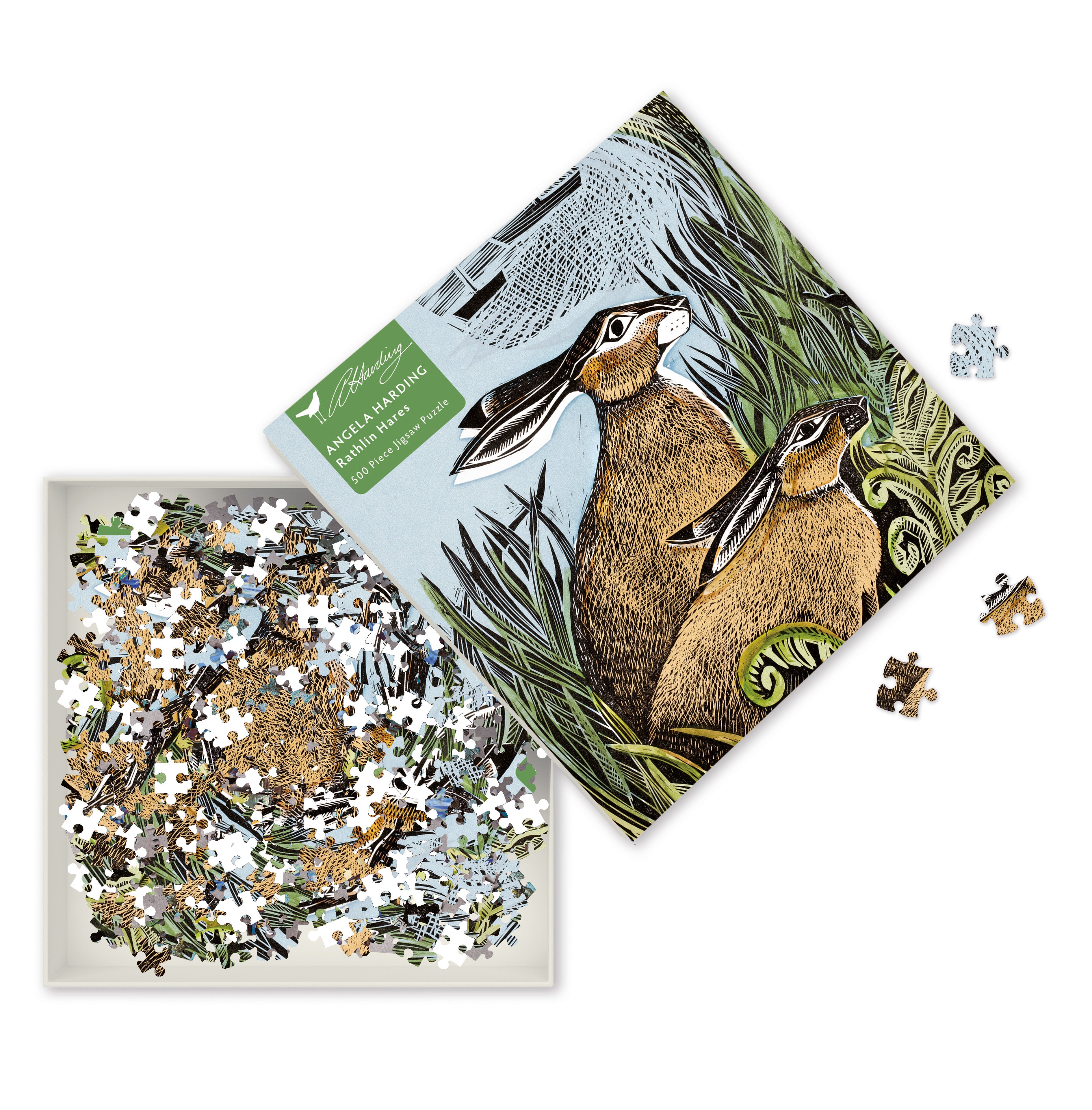 500-piece jigsaw puzzle depicting two hares in a stylized, illustrated grassland setting.