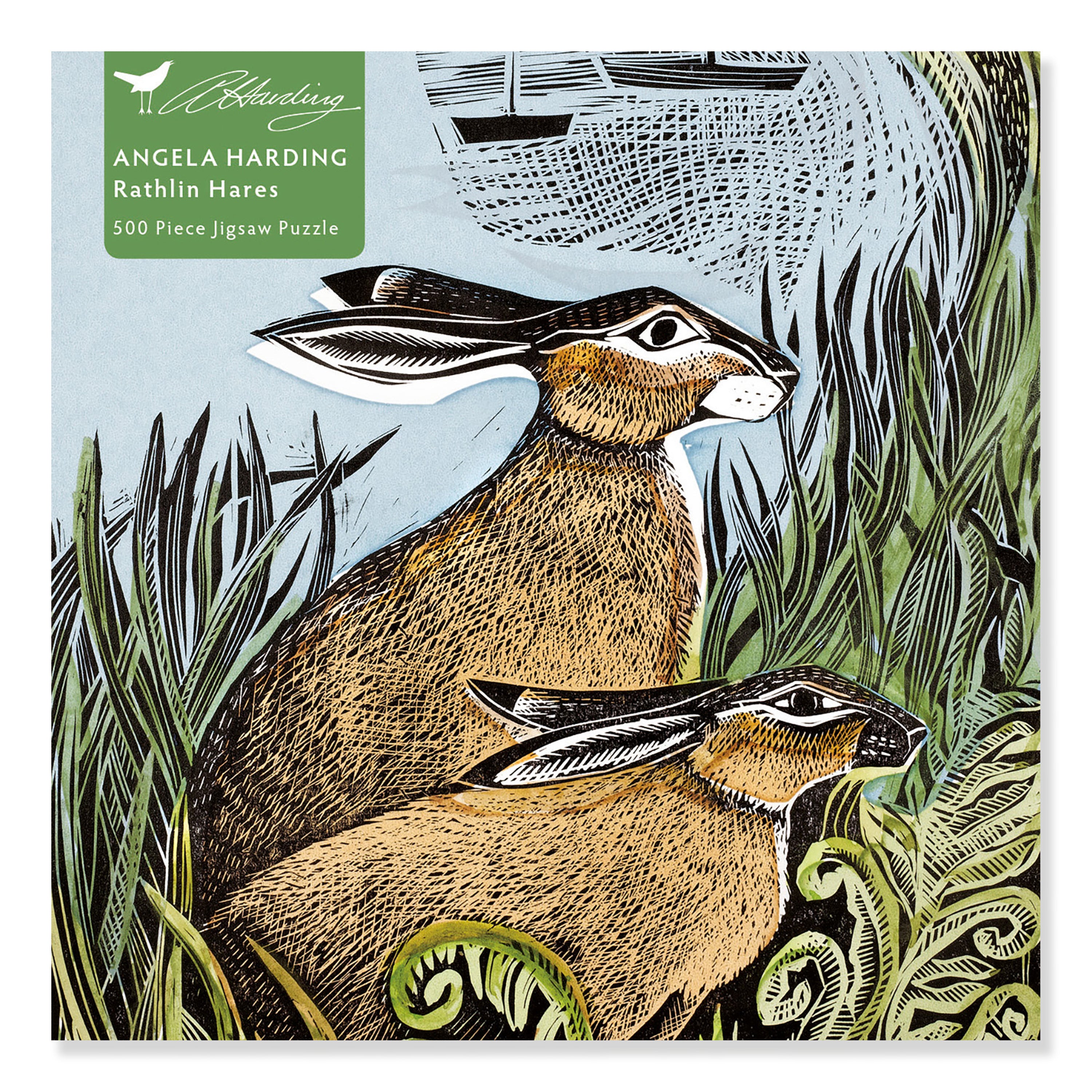 500-piece jigsaw puzzle featuring two brown hares in stylized, woodcut-style illustration amidst tall grasses and ferns.