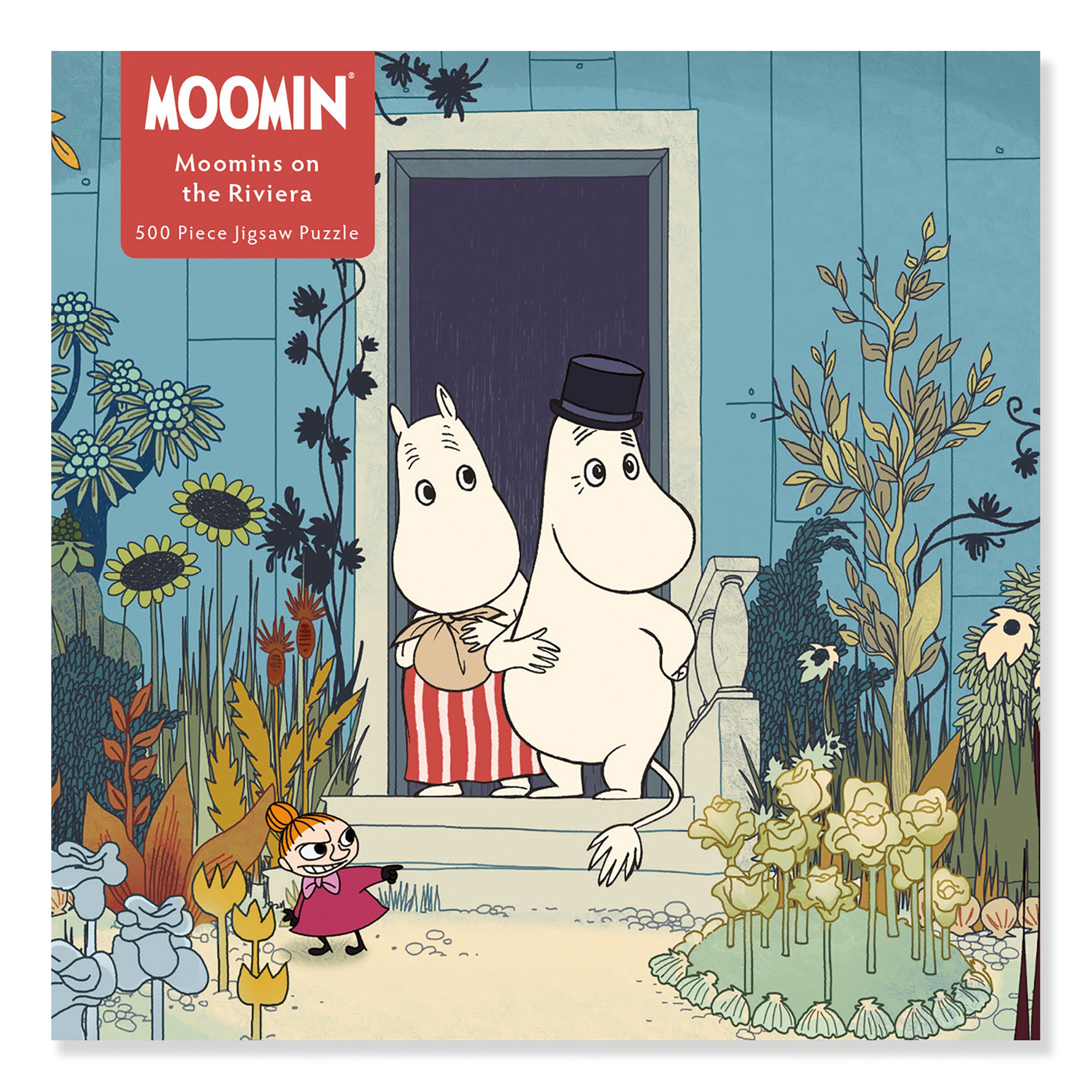 500-piece Moomin jigsaw puzzle depicting Moomin characters near a doorway in a garden setting. One Moomin wears a top hat.