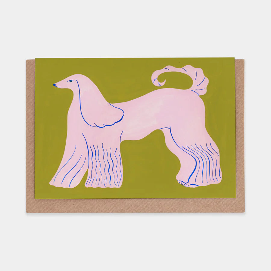 Greeting card featuring a stylized pink Afghan hound illustration on an olive green background.
