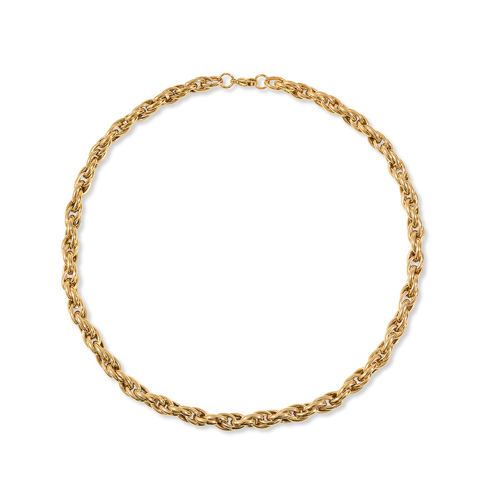 Gold rope chain necklace with a classic clasp.