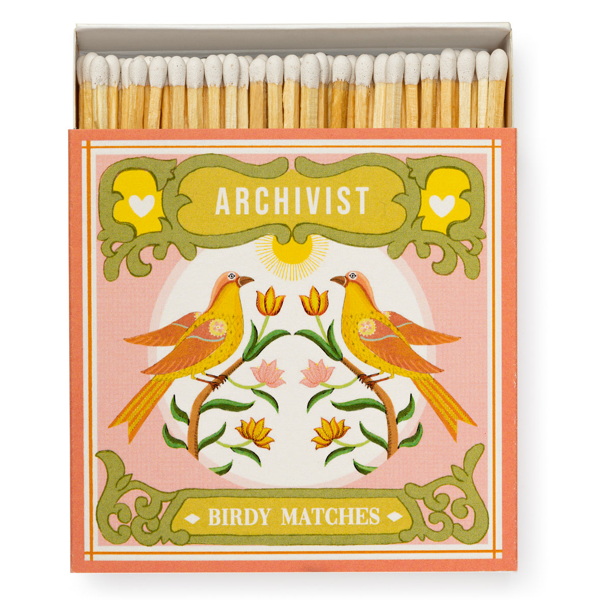 Box of matches featuring a pink and green design with two yellow birds and the word "ARCHIVIST".