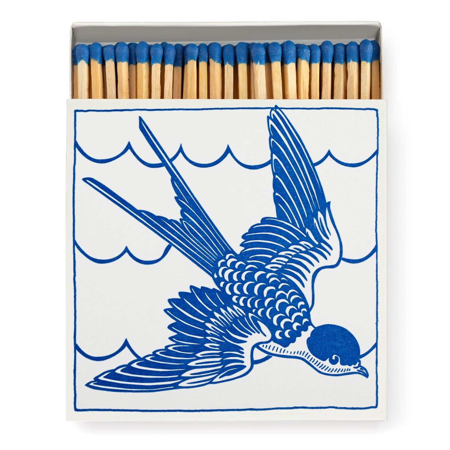Matchbox with blue-tipped matches and a blue swallow design on a white background.