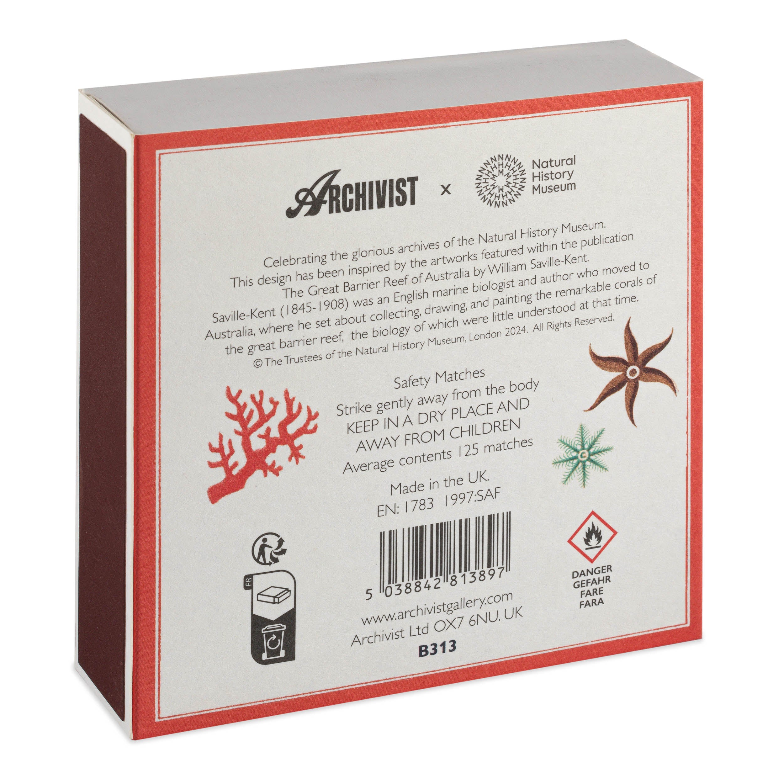 Box of 125 safety matches; red and white design featuring artwork inspired by William Saville-Kent's "The Great Barrier