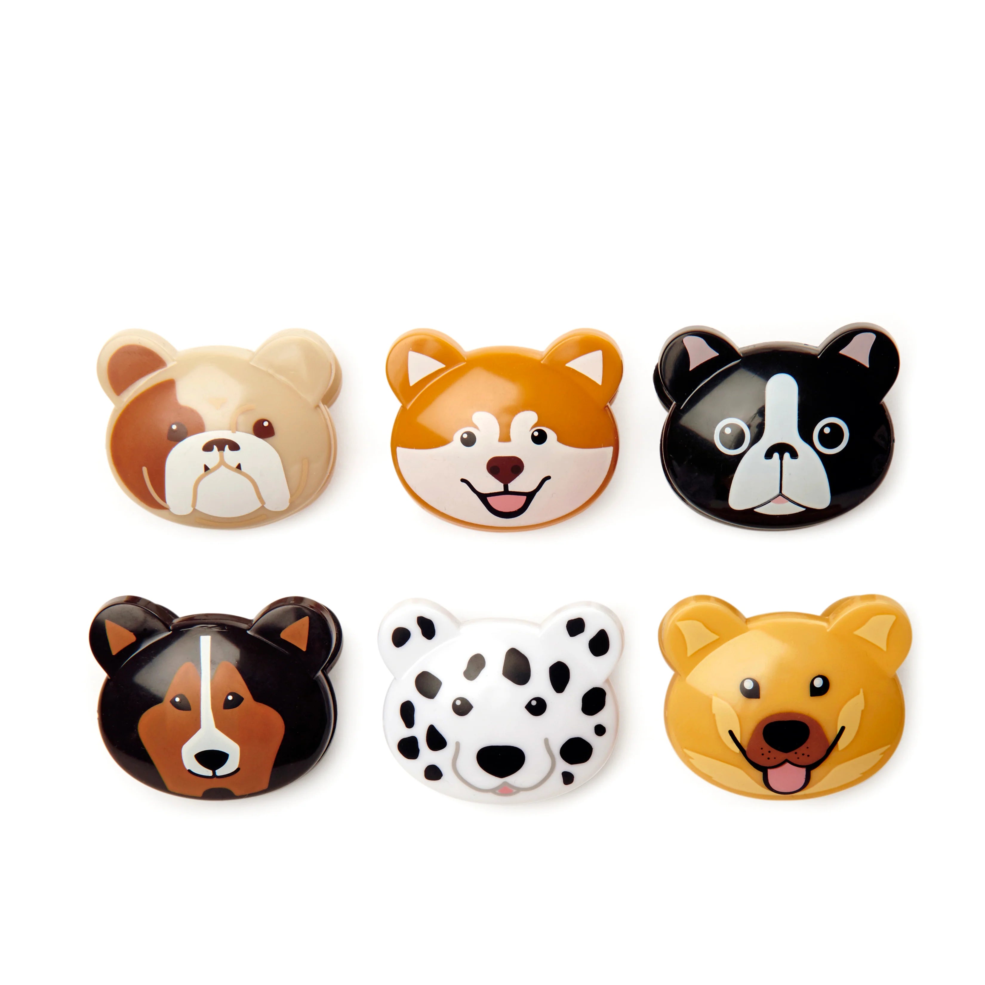 Six plastic dog-face clips in various breeds: Bulldog, Akita, Boston Terrier, Corgi, Dalmatian, and Golden Retriever.
