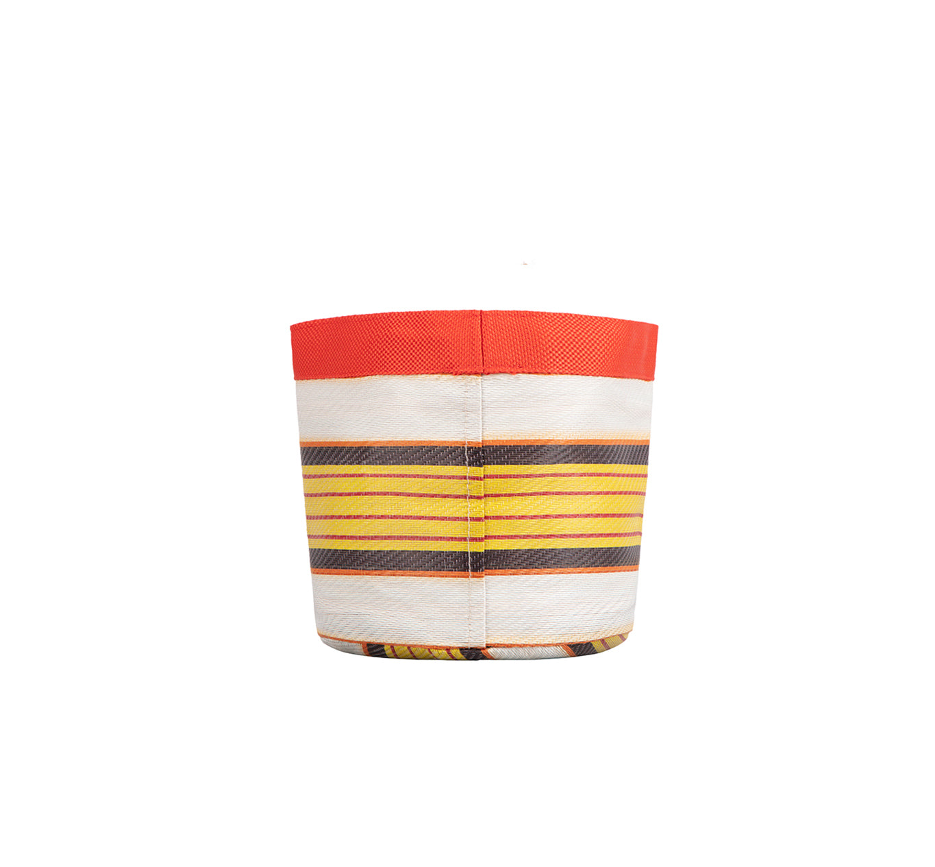 Cylindrical striped tote bag with orange top and yellow, red, and black horizontal stripes on a white background.