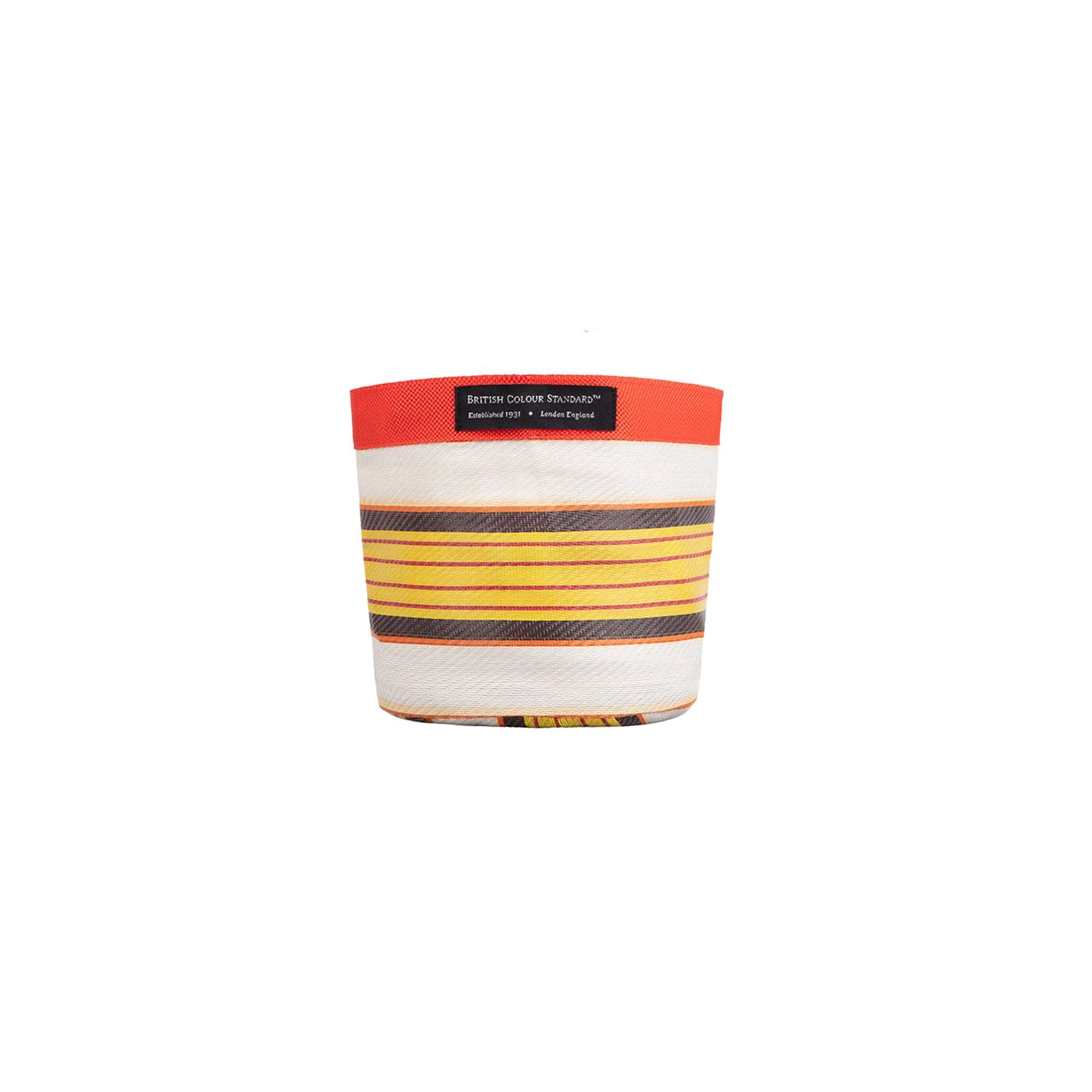 Cylindrical fabric storage container with red top and horizontal stripes in yellow, orange, and dark gray on a white