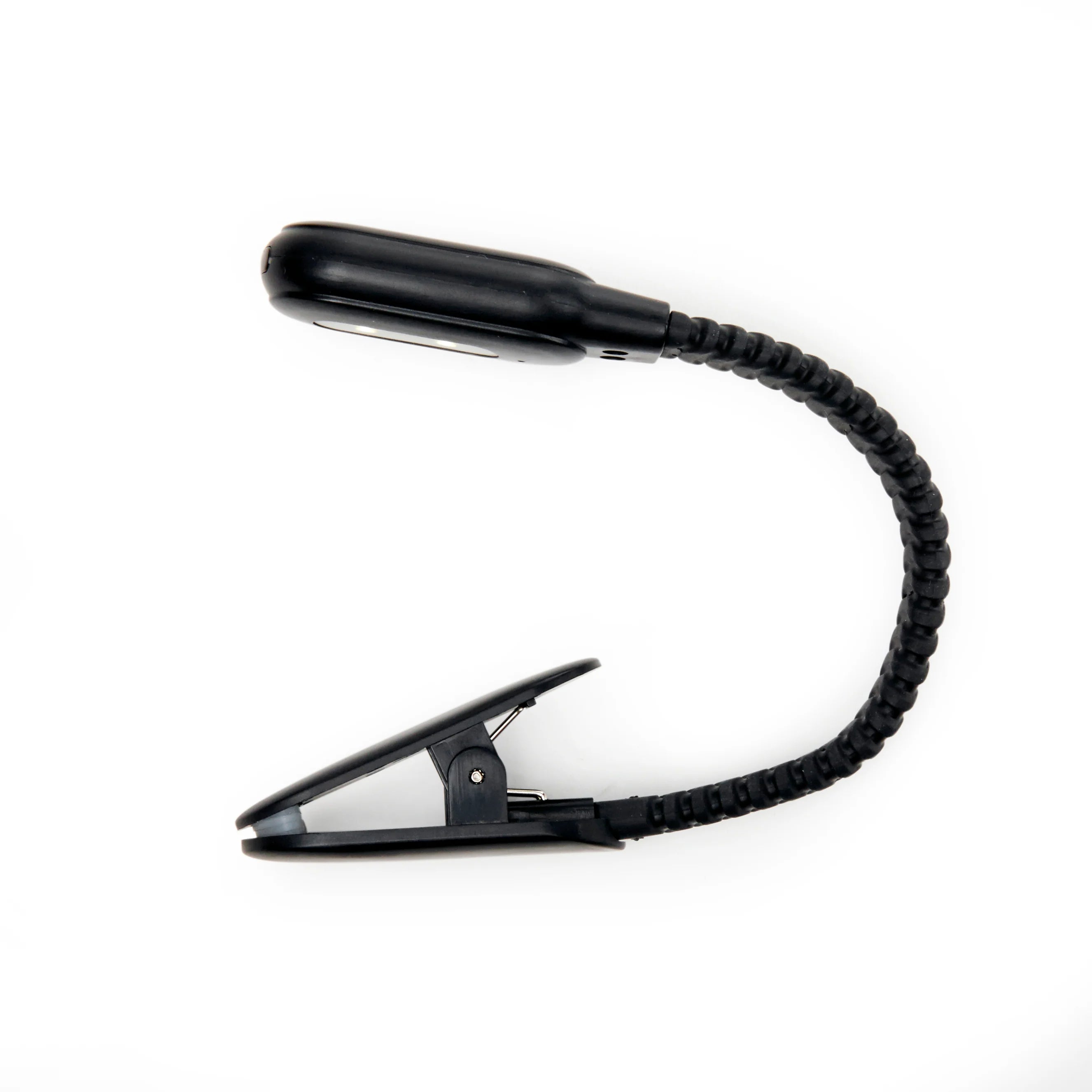 Black clip-on LED book light with flexible gooseneck.