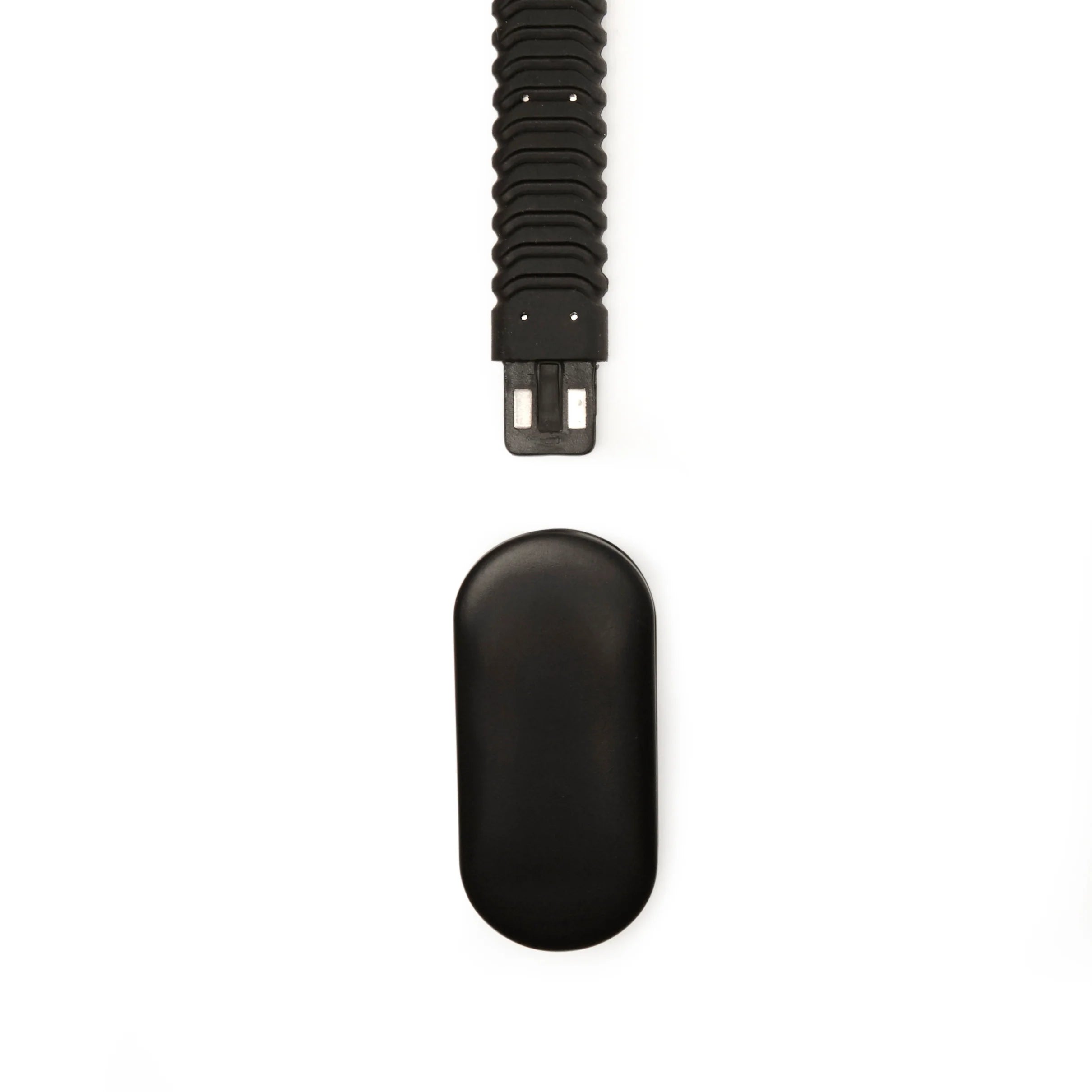 Black ribbed charging cable and matching pebble-shaped charging case.