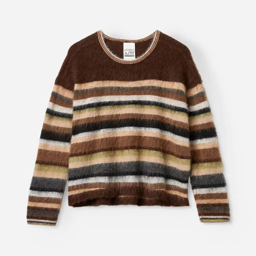 Striped sweater with brown, beige, and gray colors on a white background