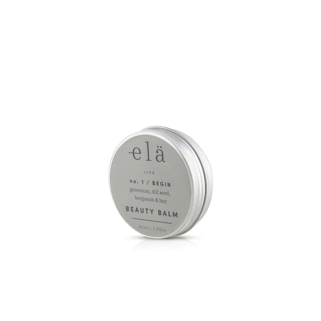 elä Life No. 1 Begin Beauty Balm in a silver tin.  Geranium, dill seed, bergamot & bay. 40ml.
