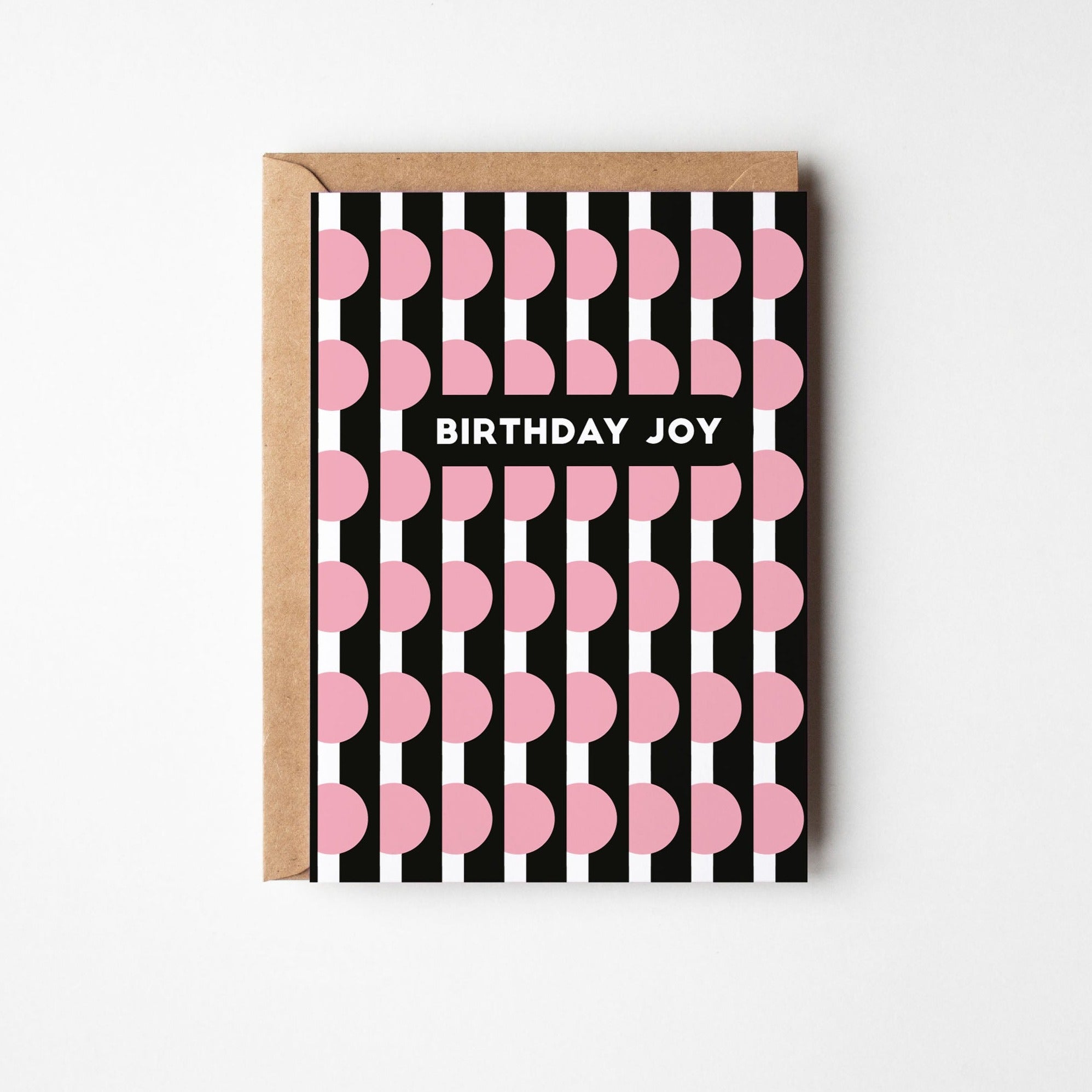 Birthday card featuring a black and white striped pattern with pink circles and the text "BIRTHDAY JOY."
