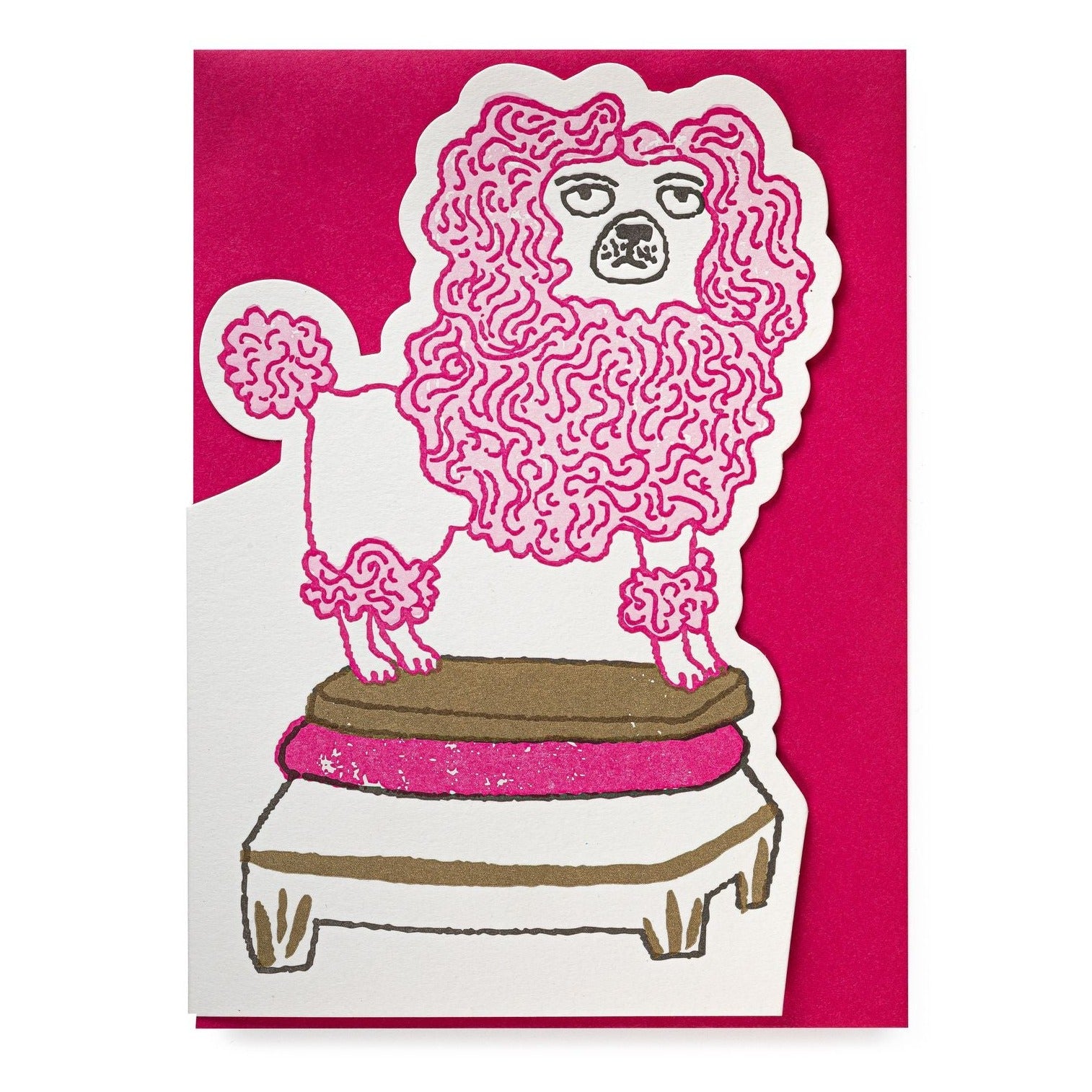 Pink poodle with curly fur, standing on a small, ornate stool. The image is a greeting card design.