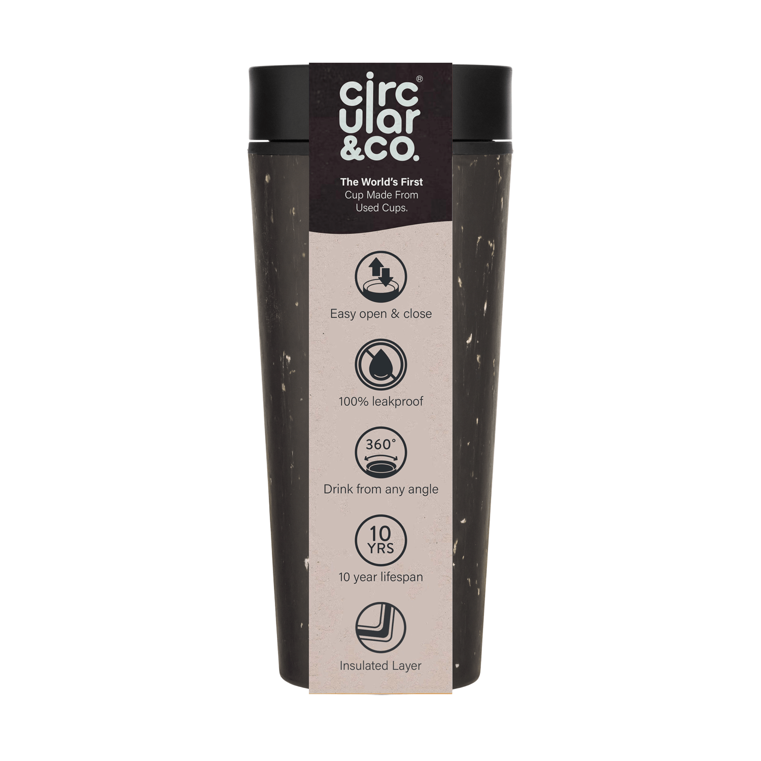 Dark gray, insulated, reusable cup made from recycled cups; features easy open/close lid, leakproof design, and 360°
