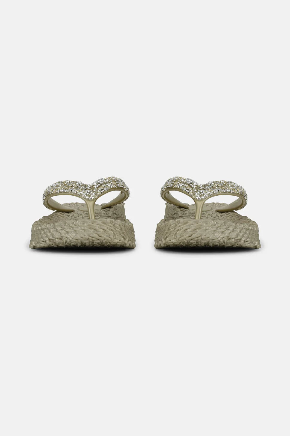 Pair of taupe textured flip-flops with sparkly rhinestone straps.