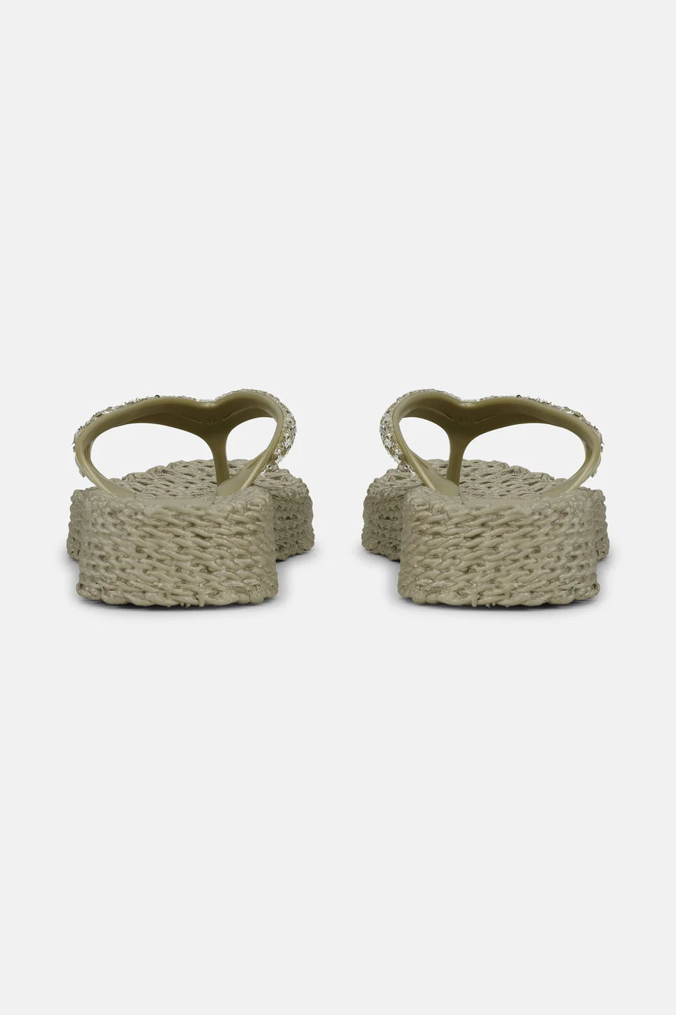 Pair of olive green platform flip-flops with sparkly embellishments and textured soles.