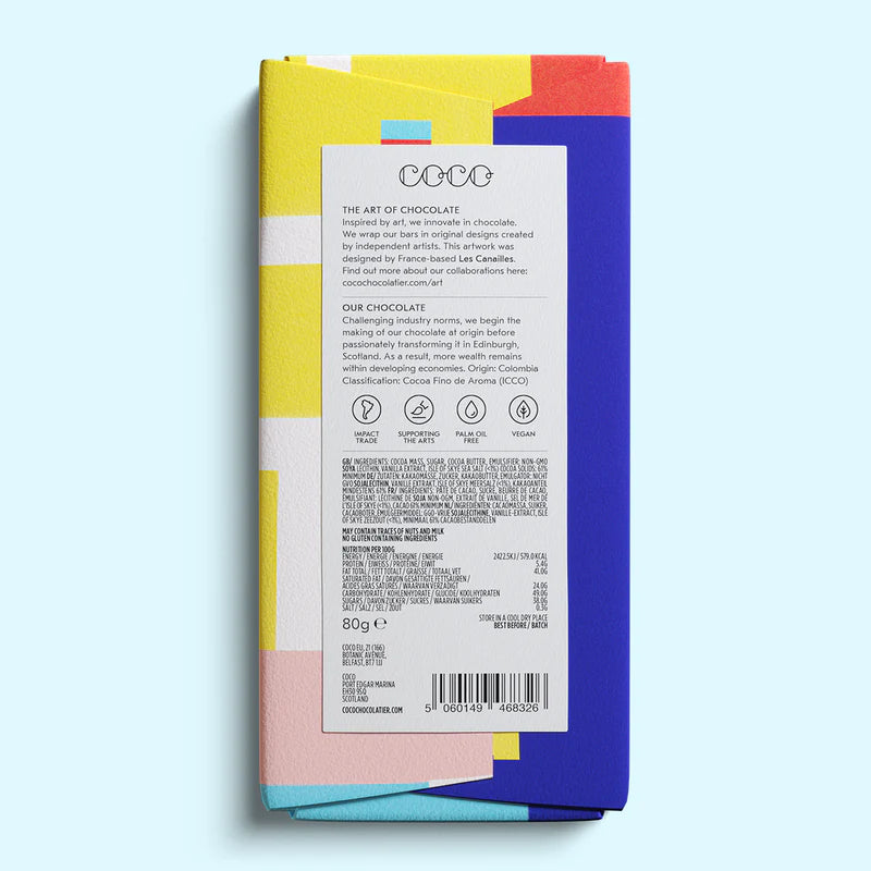80g vegan chocolate bar, Cocoa Fino de Aroma, Colombia origin.  Artwork by Les Canailles.