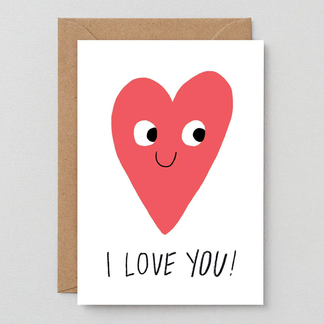 Greeting card featuring a cartoon heart with a smiling face, and the text "I LOVE YOU!"