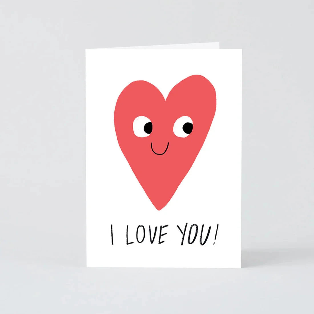 Greeting card featuring a cartoon heart with a smiling face; text reads "I LOVE YOU!"