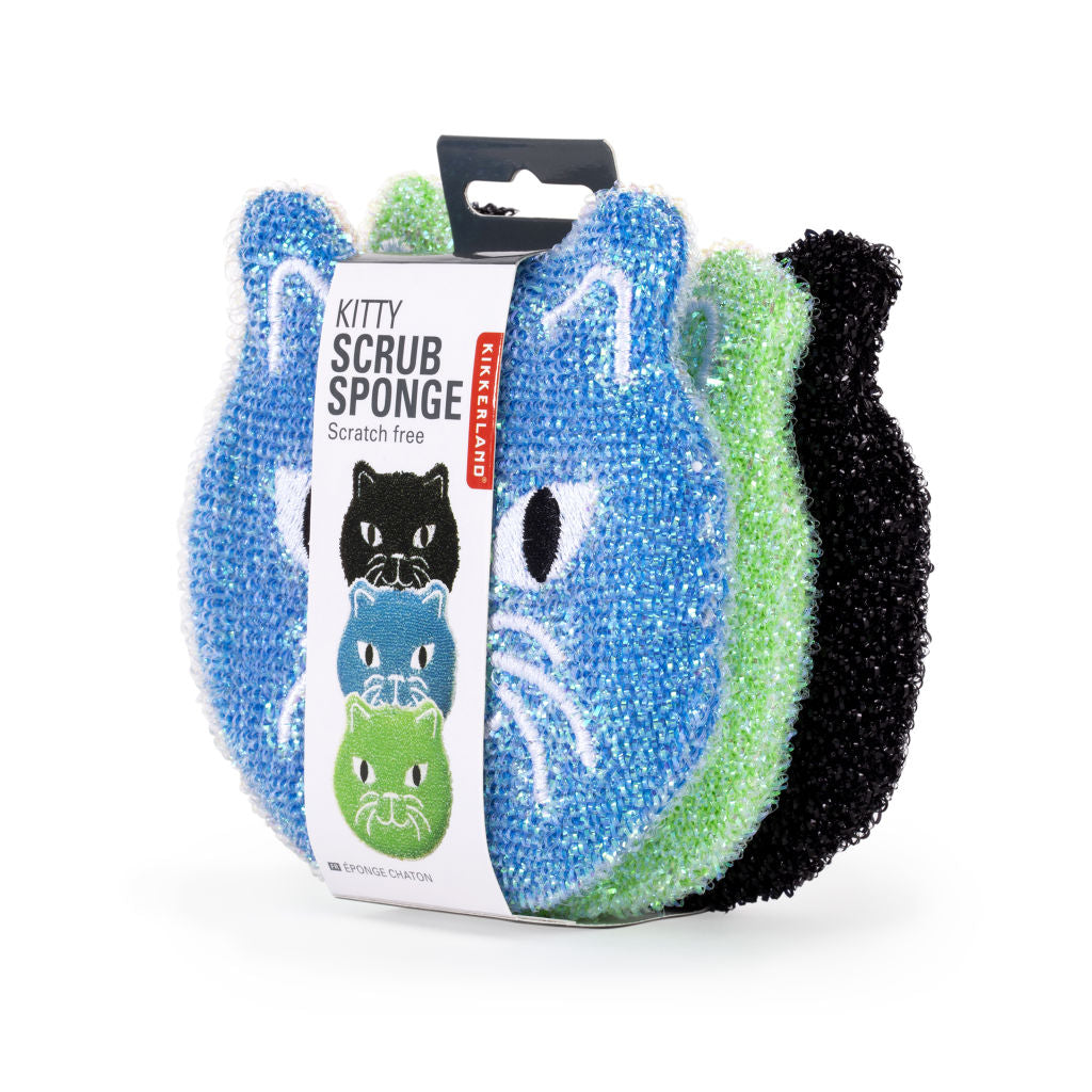 Three scratch-free Kitty Scrub Sponges in blue, green, and black; each shaped like a cat's face.