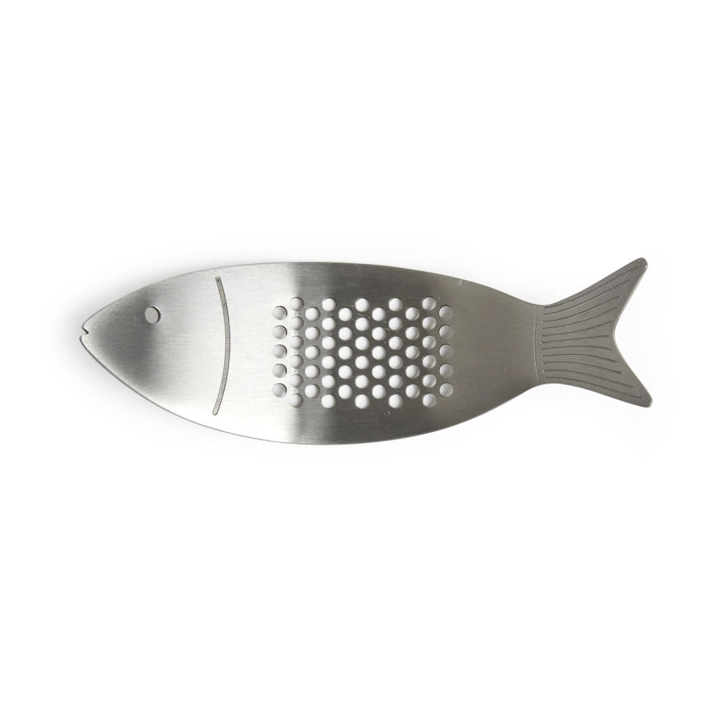 Stainless steel fish-shaped garlic press with perforated grating area.