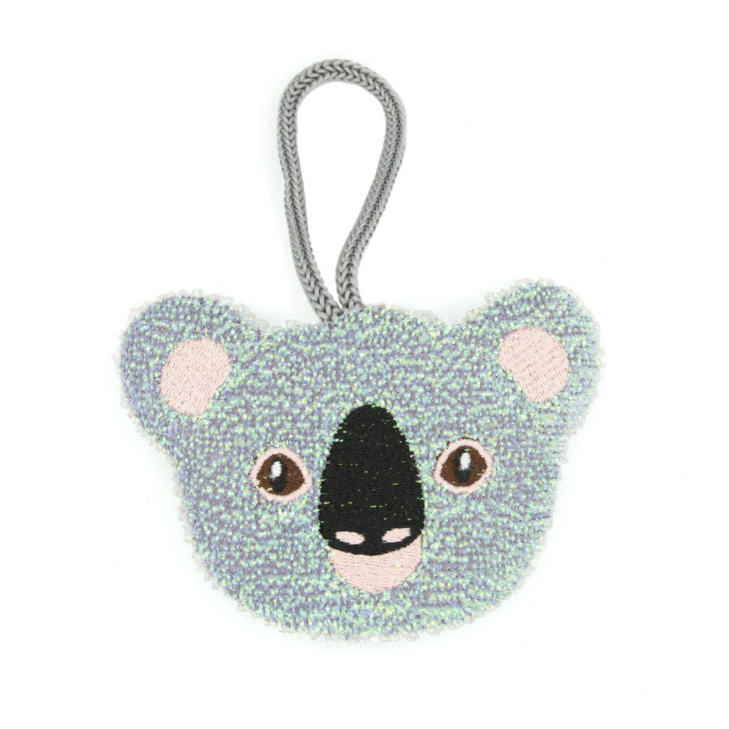 Light blue koala-shaped textured ornament with embroidered features and a gray cord loop.