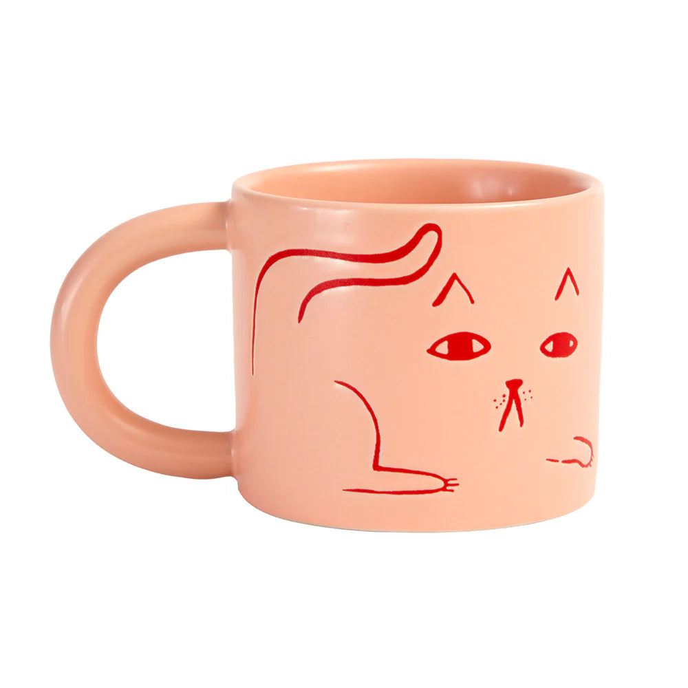 Pink mug with red cat illustration on a white background