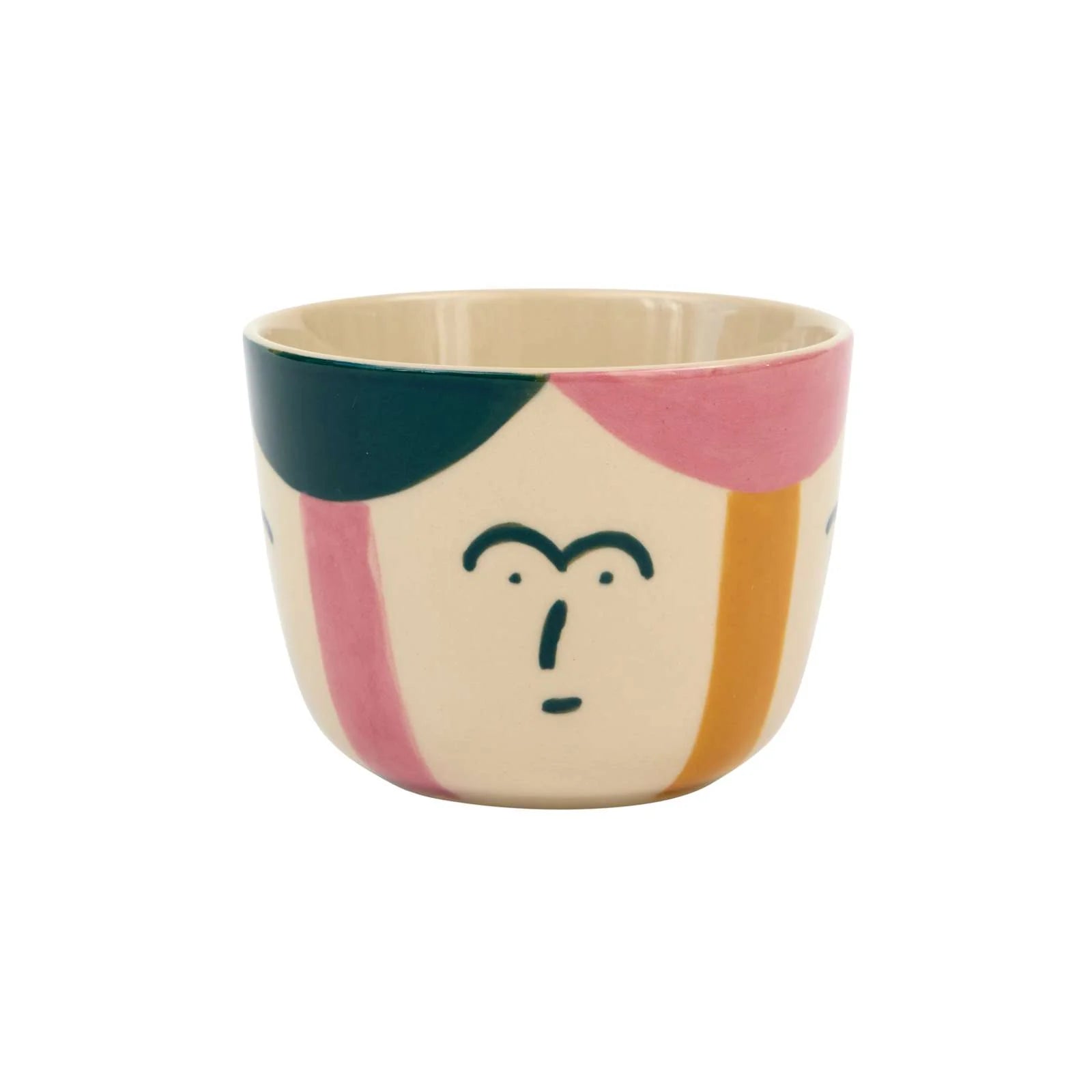 Ceramic bowl with colorful face design on a white background