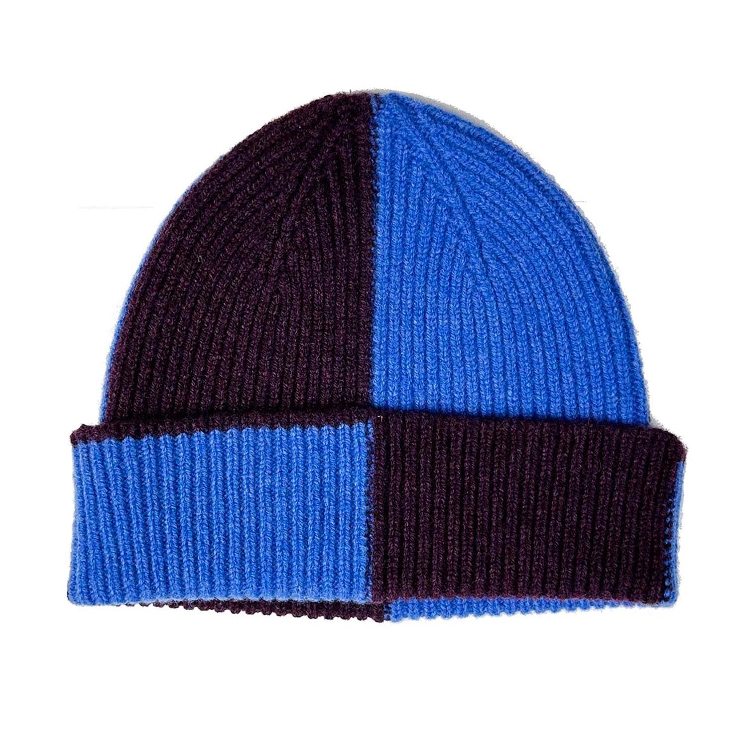 Bicolor knitted beanie in dark purple and bright blue, split diagonally.