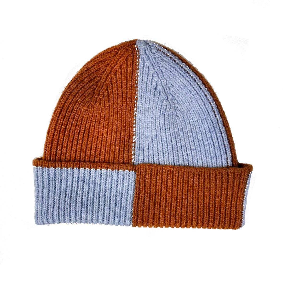 Bi-color ribbed knit beanie.  Half rust orange, half light blue.