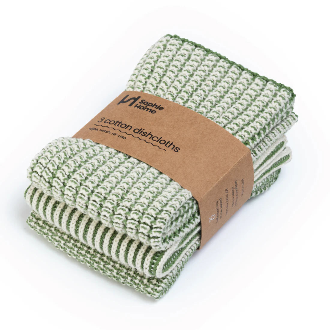 Stack of green and white striped dishcloths with a brown paper bag label on a white background