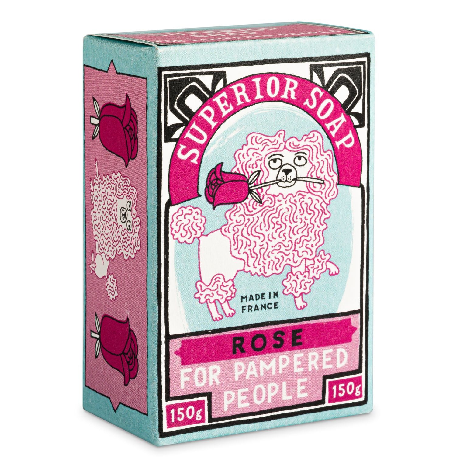 Superior Soap Rose-scented bar, 150g, illustrated box featuring a poodle and roses. Made in France.