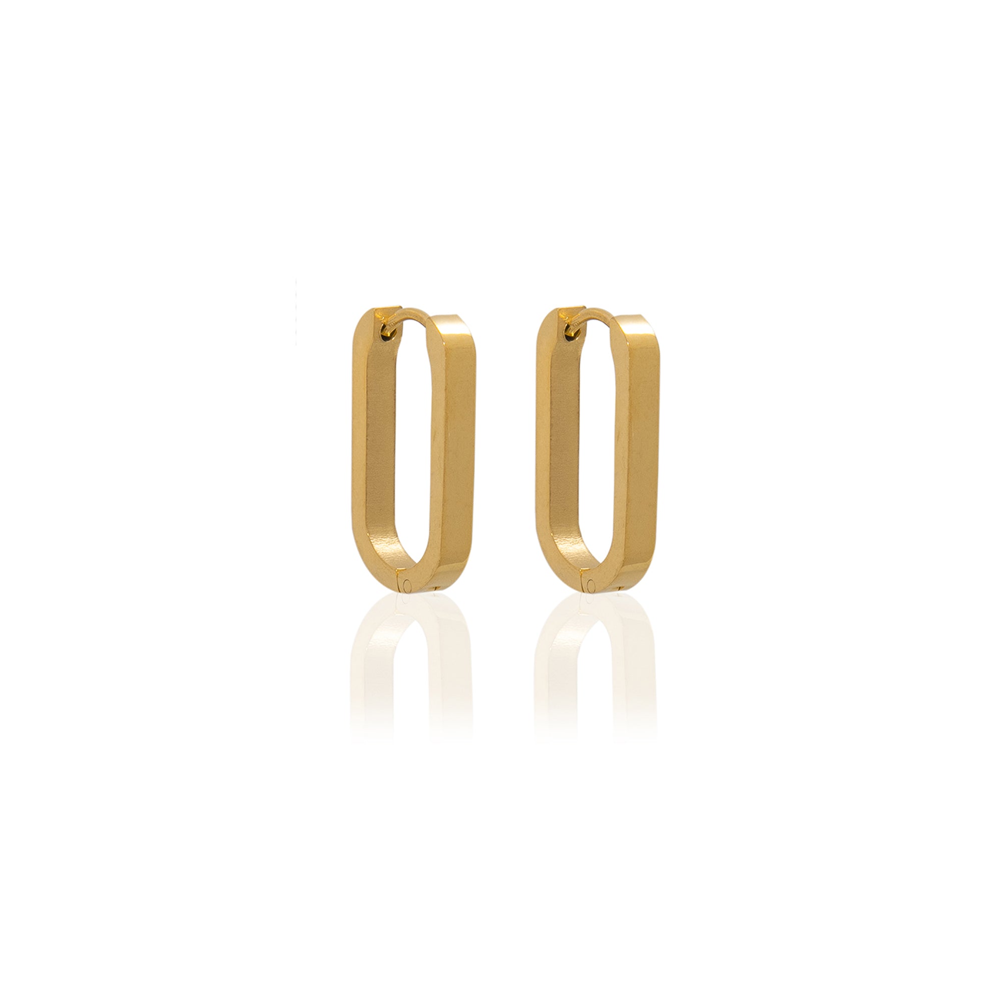 Pair of gold-toned rectangular hoop earrings. The hoops are slightly thicker than they are wide.