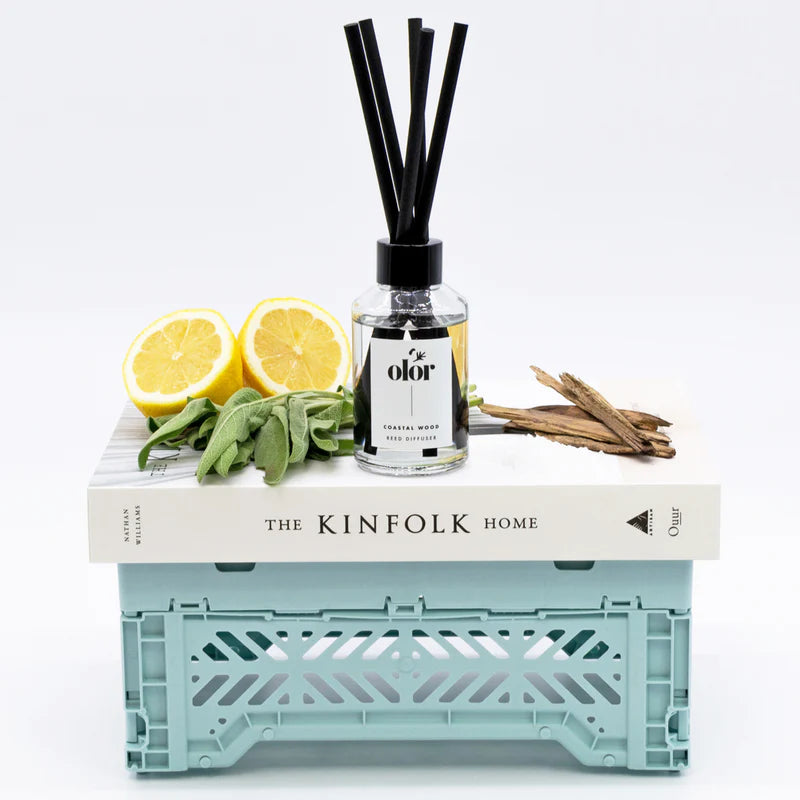 Coastal Wood reed diffuser in a clear glass bottle with black cap and reeds.