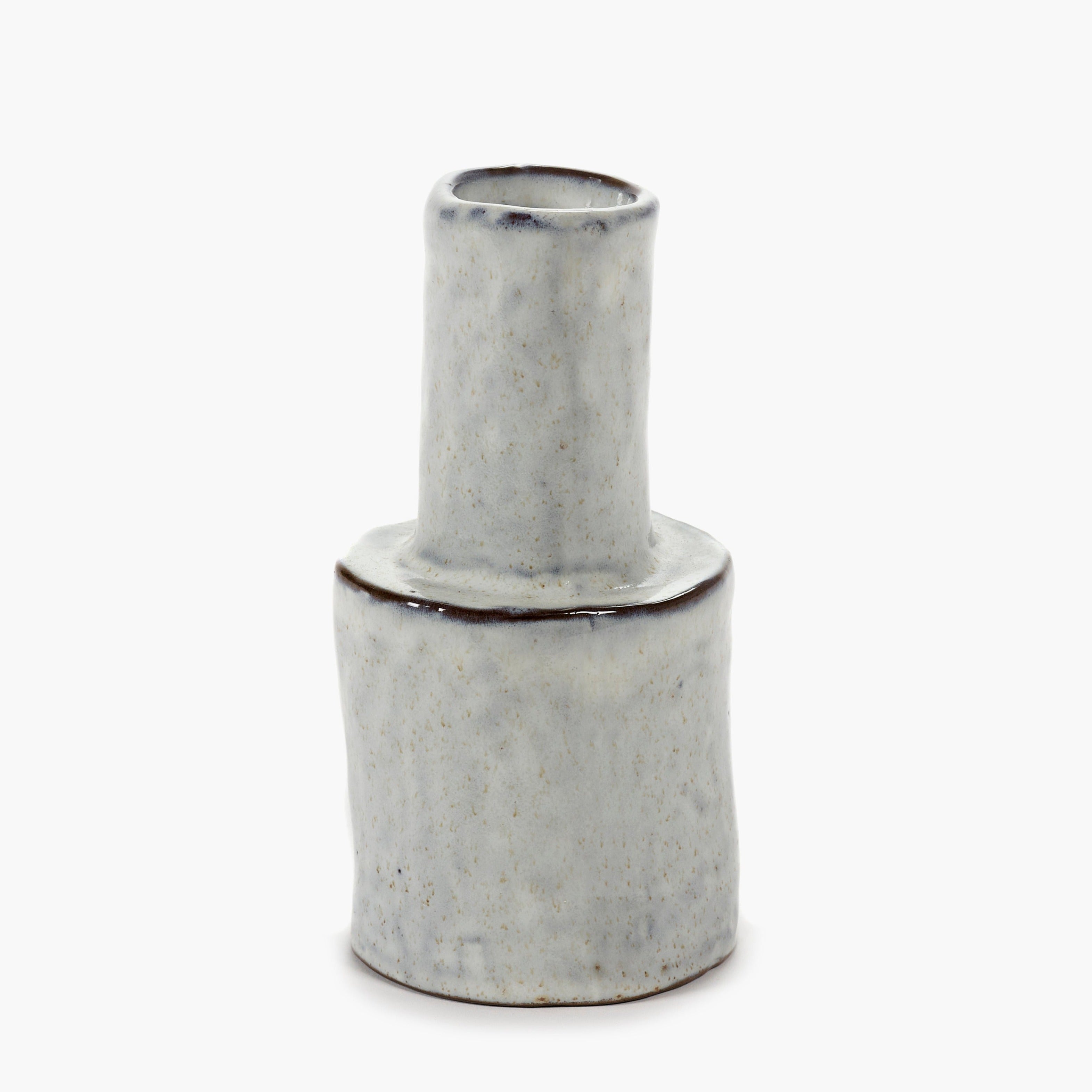 Small, speckled, light gray ceramic vase with a cylindrical body and a slightly wider base.