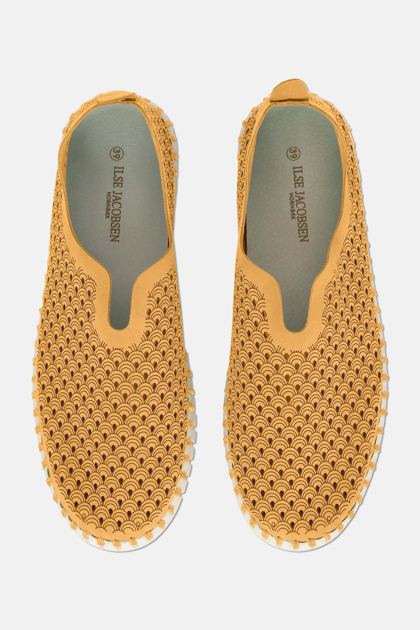 Ilse Jacobsen Hornbæk women's slip-on shoes, size 39, mustard yellow, featuring a textured wave pattern and off-white trim.