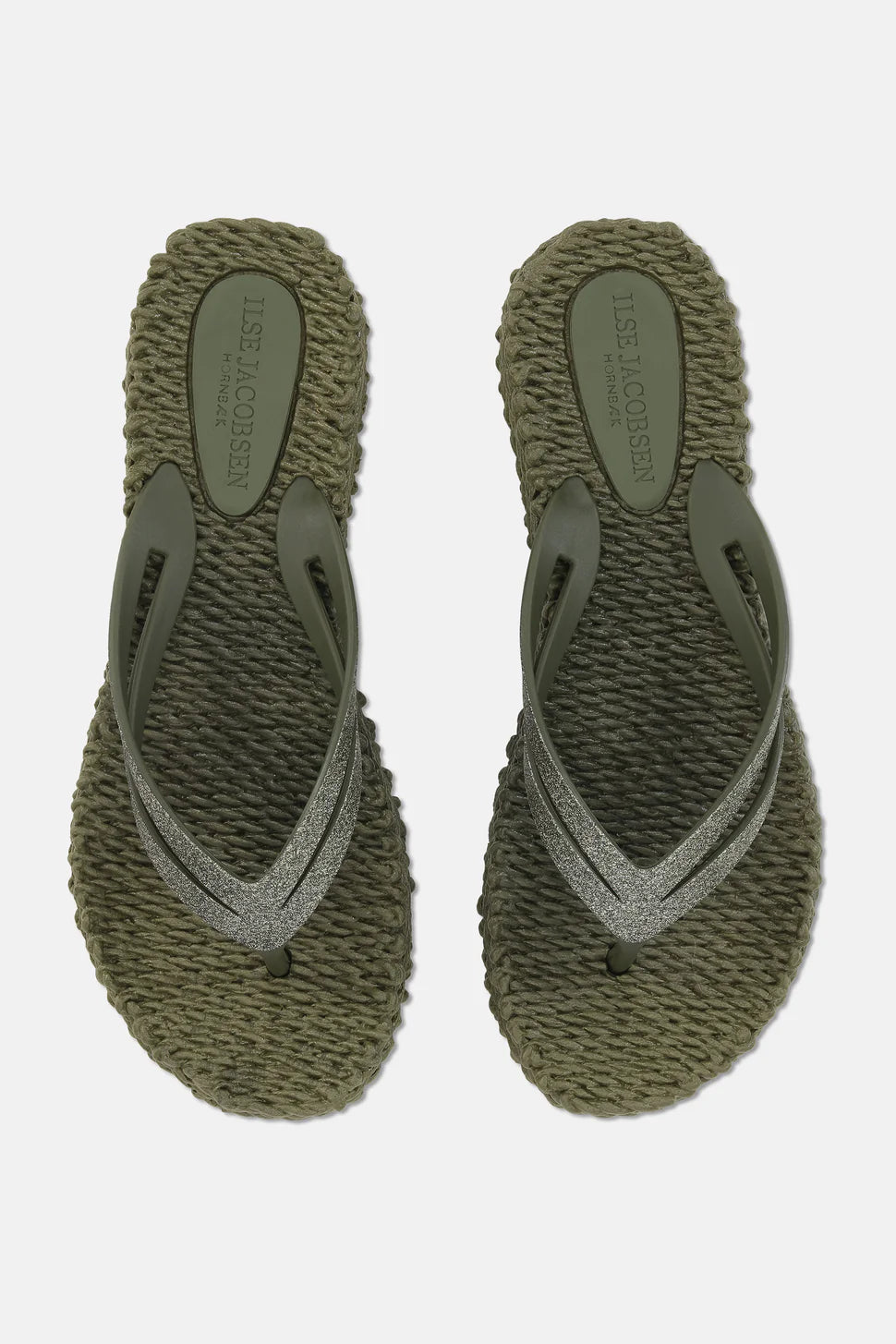 Ilse Jacobsen Hornbæk olive green textured flip-flops with silver glitter detailing.