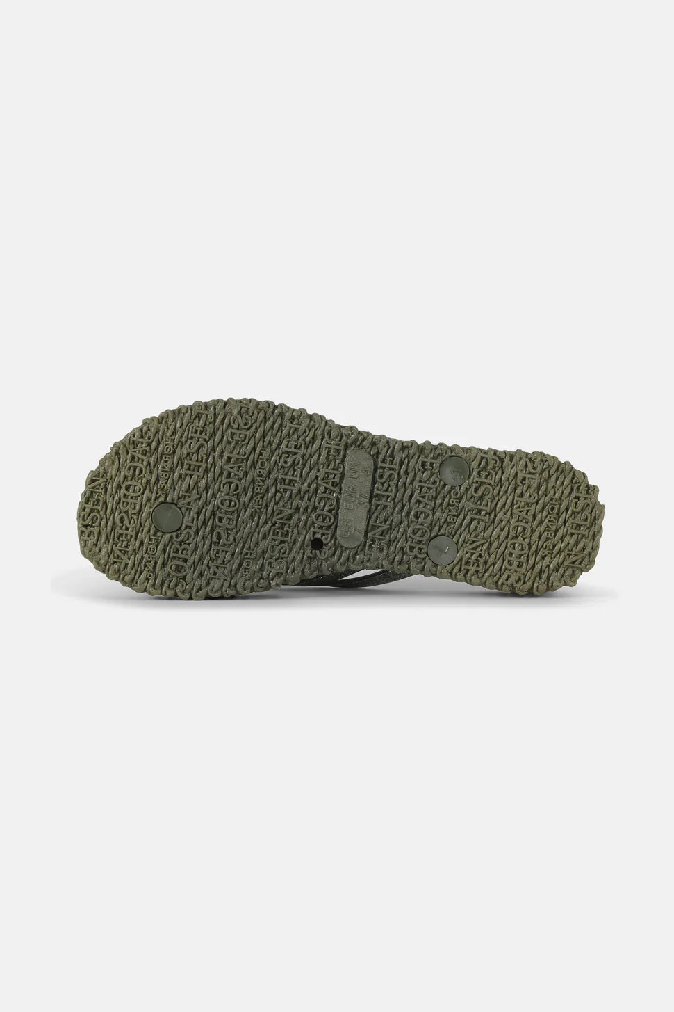 Olive green rubber flip-flop sole, textured with repeating logo. Shows underside detail.