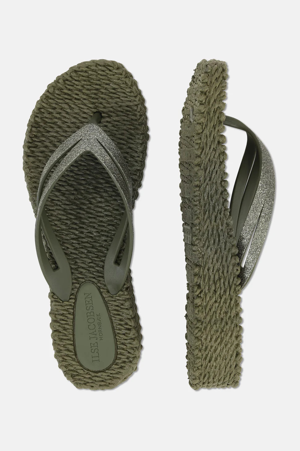 Ilse Jacobsen Hornbæk olive green glitter flip-flops; textured woven-like outsole, silver glitter straps.
