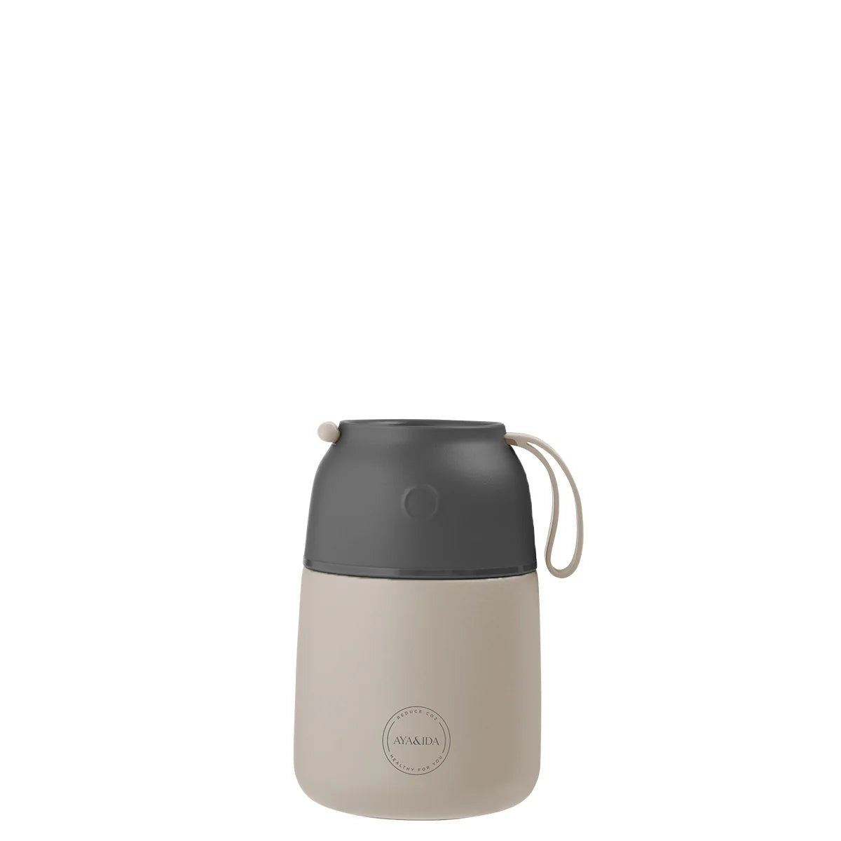 Beige and gray insulated food container with a carrying loop.